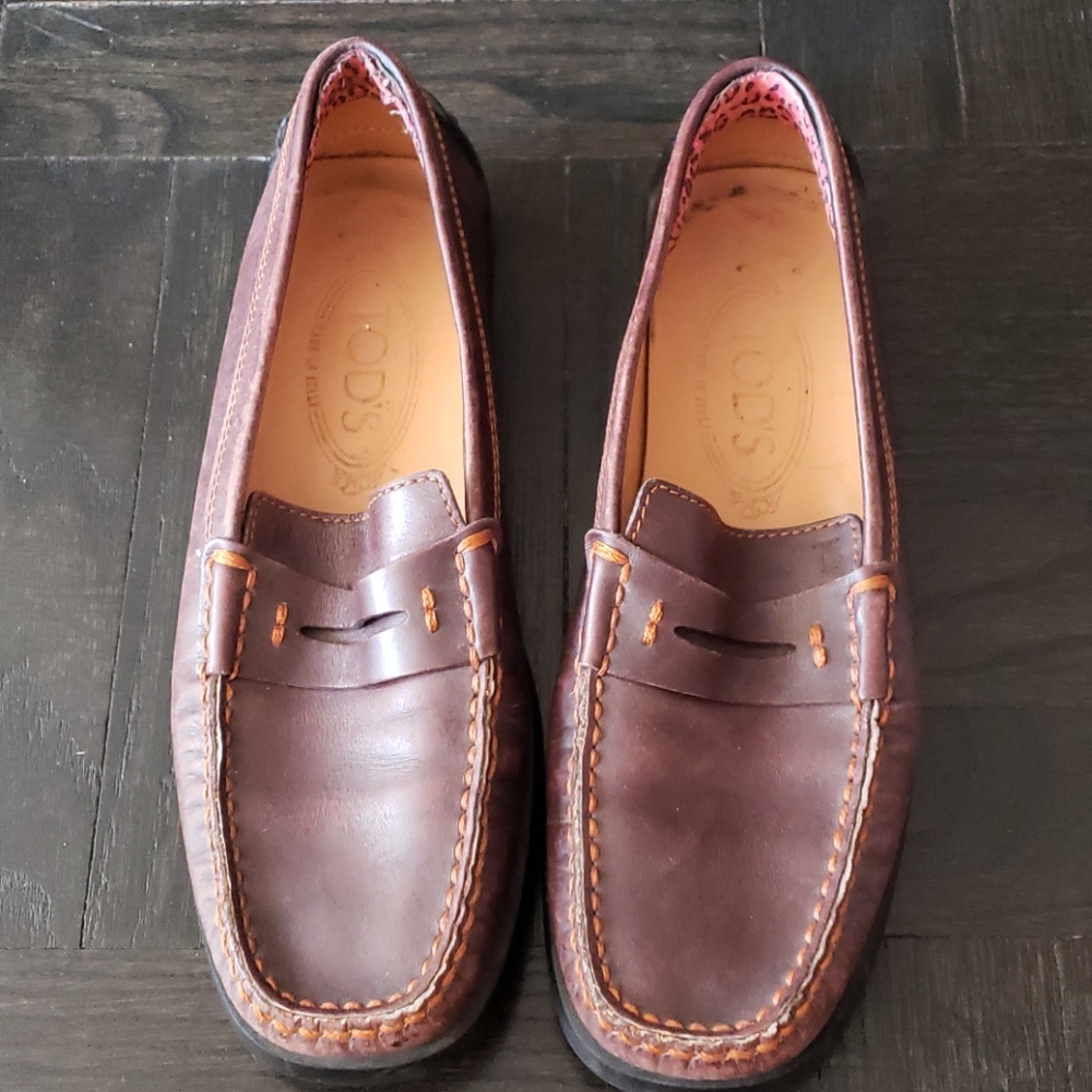 TOD'S Brown Leather Square Toe Penny Loafers